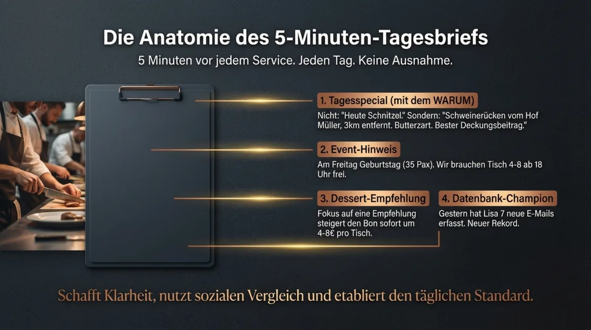 Anatomie des 5-Minuten-Tagesbriefs für Restaurants: Tagesspecial, Event-Hinweis, Dessert-Empfehlung, Datenbank-Champion