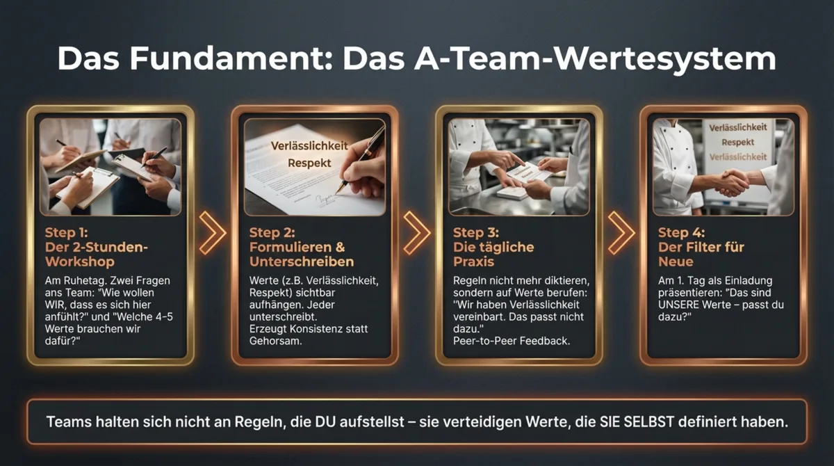 Das A-Team-Wertesystem Fundament: 4 Schritte von Workshop bis Einstellungsfilter für Restaurants