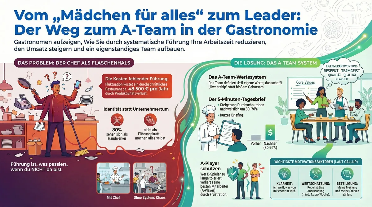 Mitarbeiterführung Gastronomie – Überblick: Vom Chef-Modus zum Leader-Modus mit dem A-Team-System