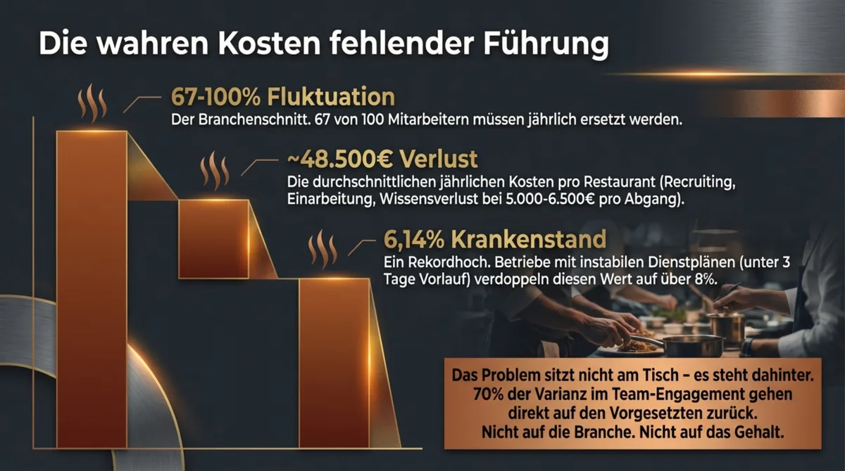 Die wahren Kosten fehlender Führung im Restaurant: 67-100% Fluktuation, 48.500 Euro Verlust, 6,14% Krankenstand