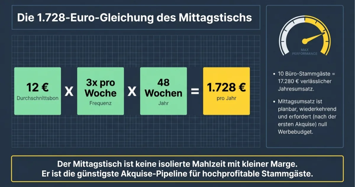 Die 1.728-Euro-Gleichung: Ein Mittagsstammgast mit 12 Euro Bon, 3 Besuchen pro Woche und 48 Wochen bringt 1.728 Euro Jahresumsatz