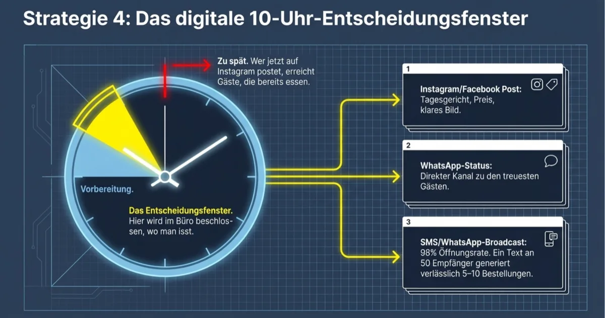 Das digitale 10-Uhr-Entscheidungsfenster: Instagram um 10 Uhr posten, WhatsApp-Status nutzen, SMS-Broadcast mit 98% Öffnungsrate