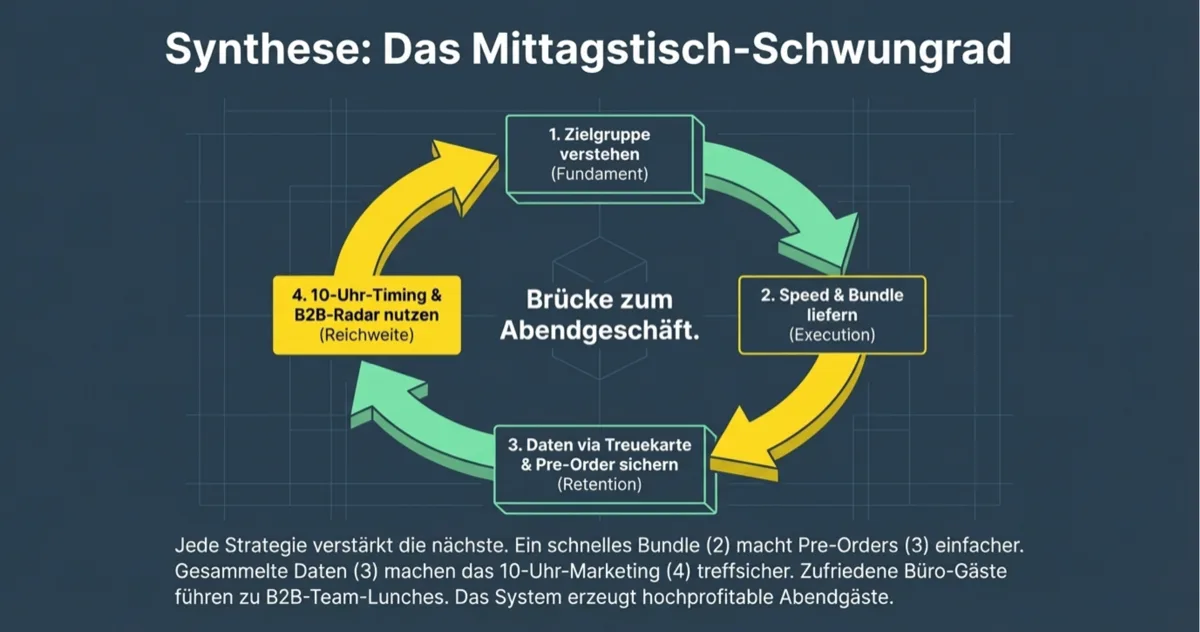 Das Mittagstisch-Schwungrad: Zielgruppe verstehen, Speed und Bundle liefern, Daten sichern, B2B-Radar nutzen — jede Strategie verstärkt die nächste