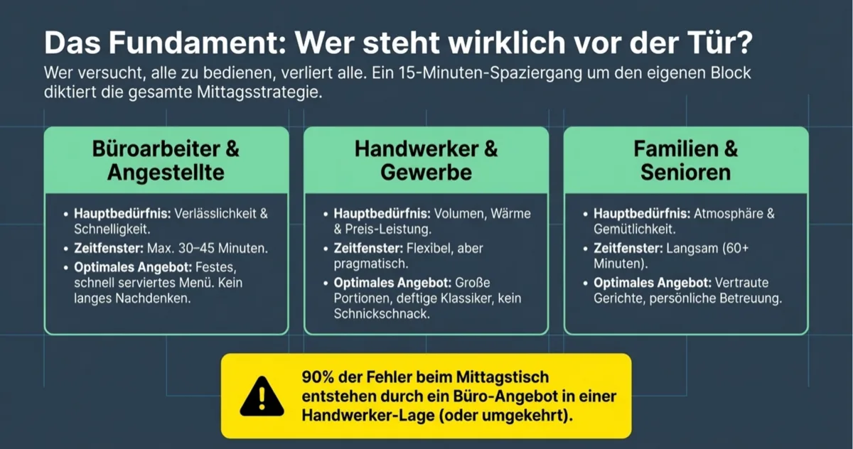 Drei Mittagszielgruppen im Vergleich: Büroarbeiter wollen Schnelligkeit, Handwerker wollen Volumen, Familien wollen Atmosphäre
