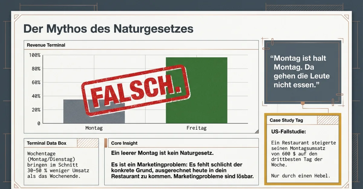 Infografik: Der Mythos des leeren Montags – Wochentage bringen 30–50 % weniger Umsatz, aber das ist kein Naturgesetz