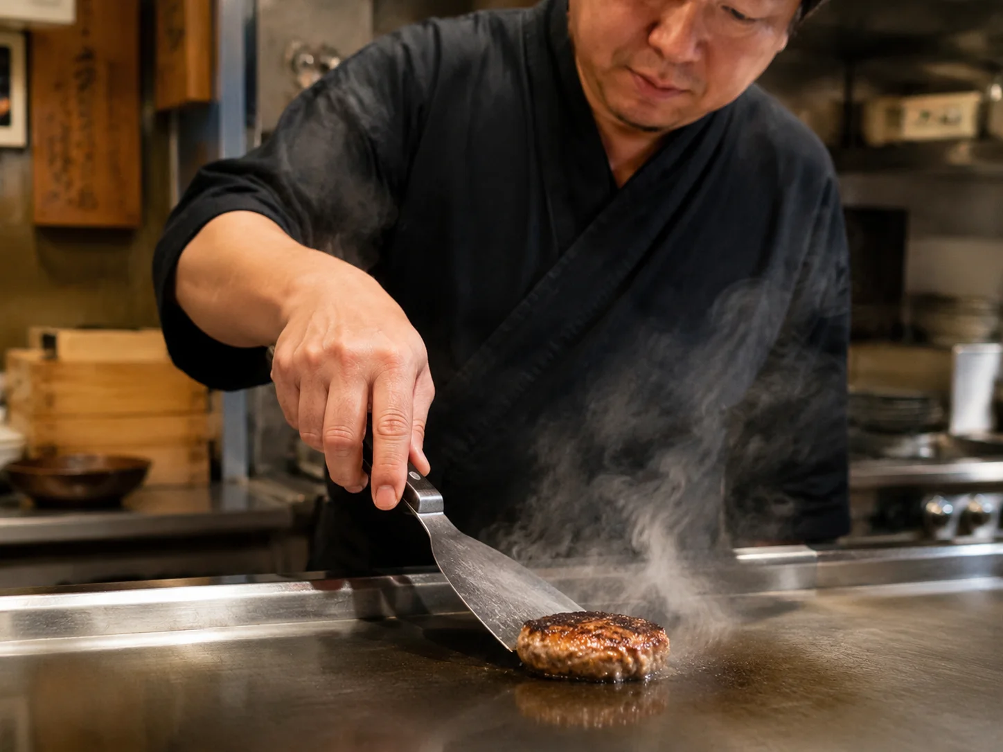 Japanischer Koch grillt einzelnen Beef-Patty made-to-order auf Edelstahlgrill