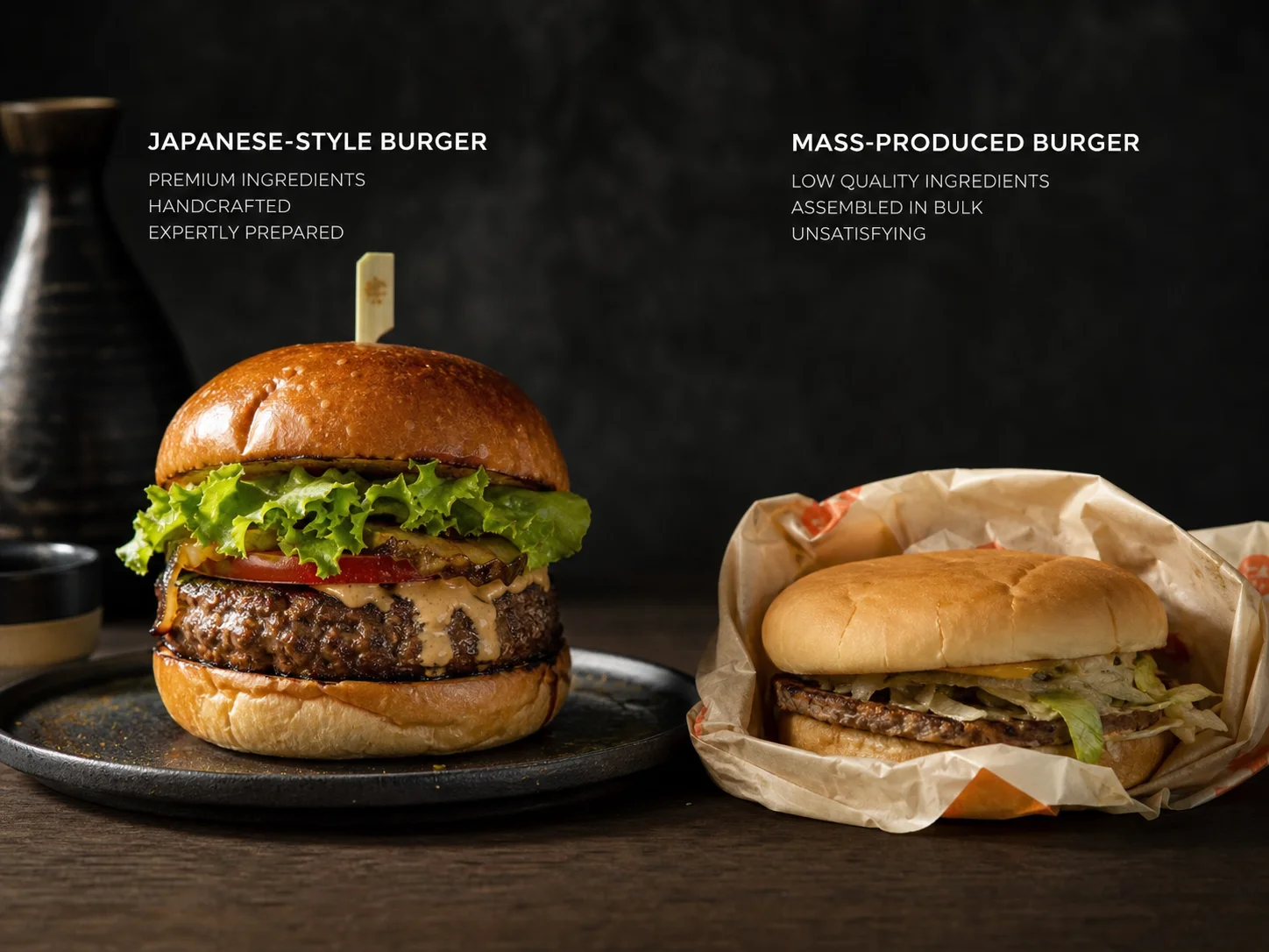 Stilllife-Vergleich premium handgemachter Burger neben generischem Fast-Food-Burger