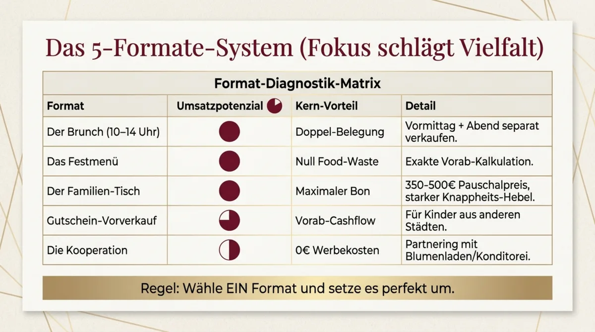 5 Muttertags-Formate Restaurant – Format-Diagnostik-Matrix mit Umsatzpotenzial und Kern-Vorteil