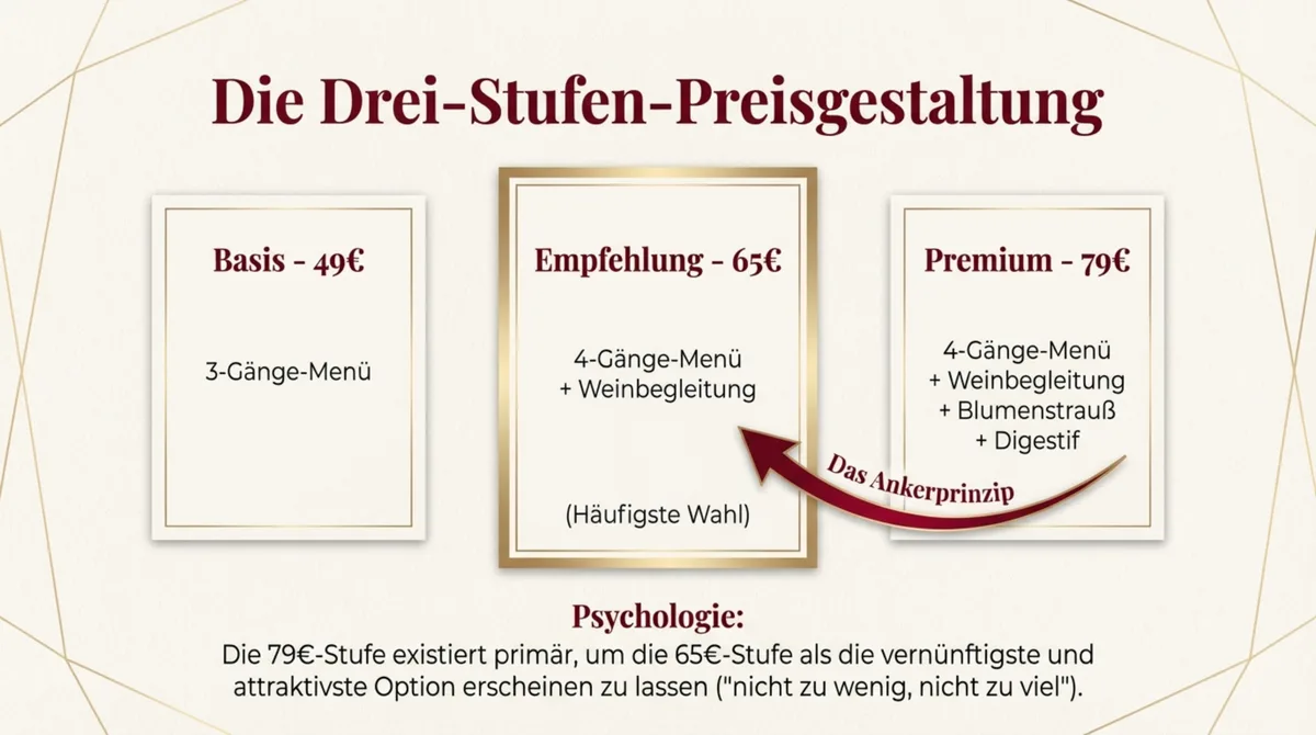 Muttertag Festmenü Preisgestaltung Restaurant – Drei-Stufen-Ankerprinzip mit Basis, Empfehlung und Premium