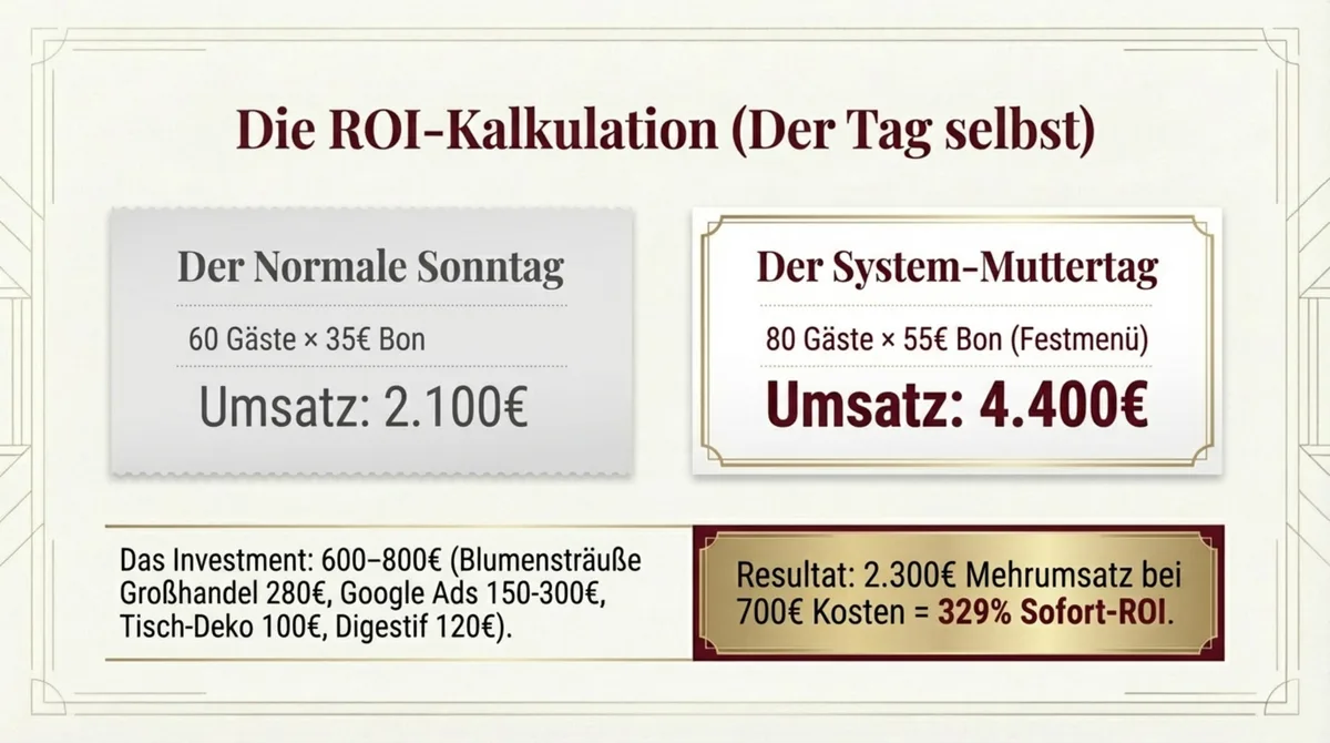 Muttertag ROI Kalkulation Restaurant – Normaler Sonntag 2100 Euro vs. System-Muttertag 4400 Euro