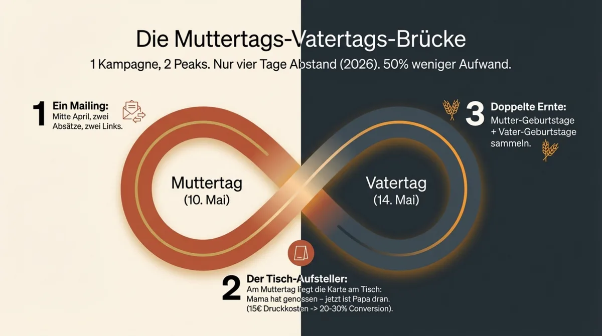 Muttertag Vatertag Brücke Strategie Restaurant – 1 Kampagne 2 Peaks mit 50 Prozent weniger Aufwand durch kombiniertes Mailing und Tischkarten