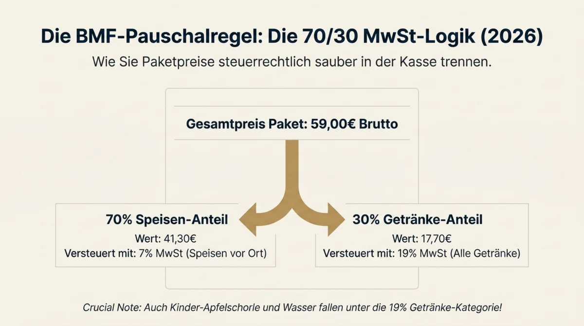 MwSt 70/30-Pauschalregel 2026 für Familien-Paket-Kalkulation – BMF-Schreiben Speisen 7 Prozent Getränke 19 Prozent für Restaurant-Pakete