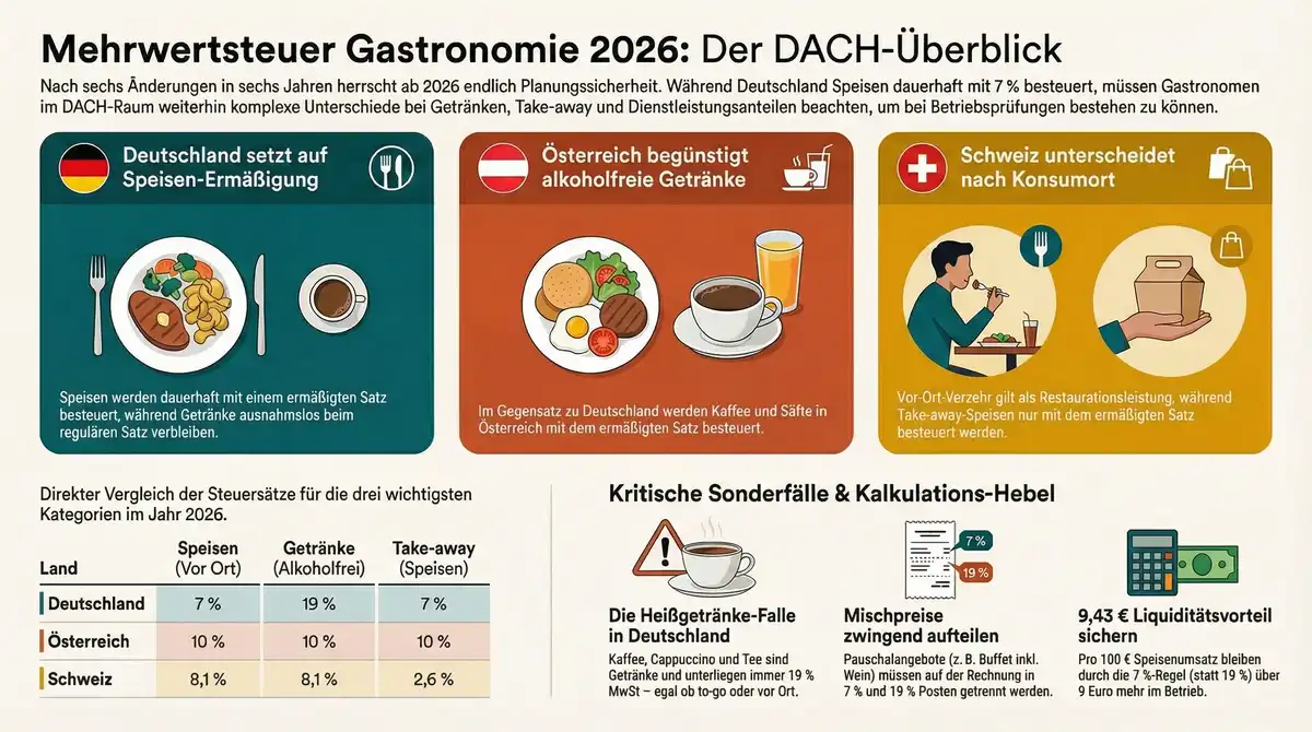 Mehrwertsteuer Gastronomie 2026 Infografik: DACH-Überblick mit deutschen 7%/19%-Sätzen, Österreich-Kaffee-Vorteil, Schweiz Take-away und kritischen Sonderfällen