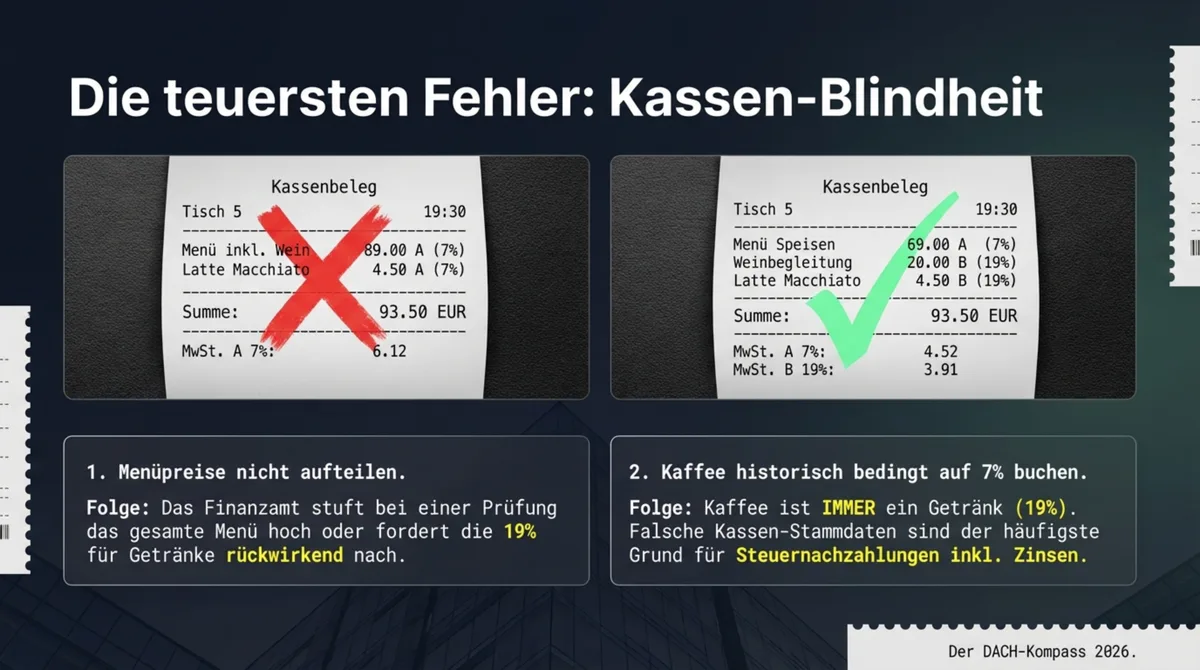 MwSt Fehler Kassensystem Gastronomie: Falscher Kassenbeleg mit Menü und Kaffee auf 7% vs. korrekter Beleg mit getrennten Steuersätzen 7% und 19%