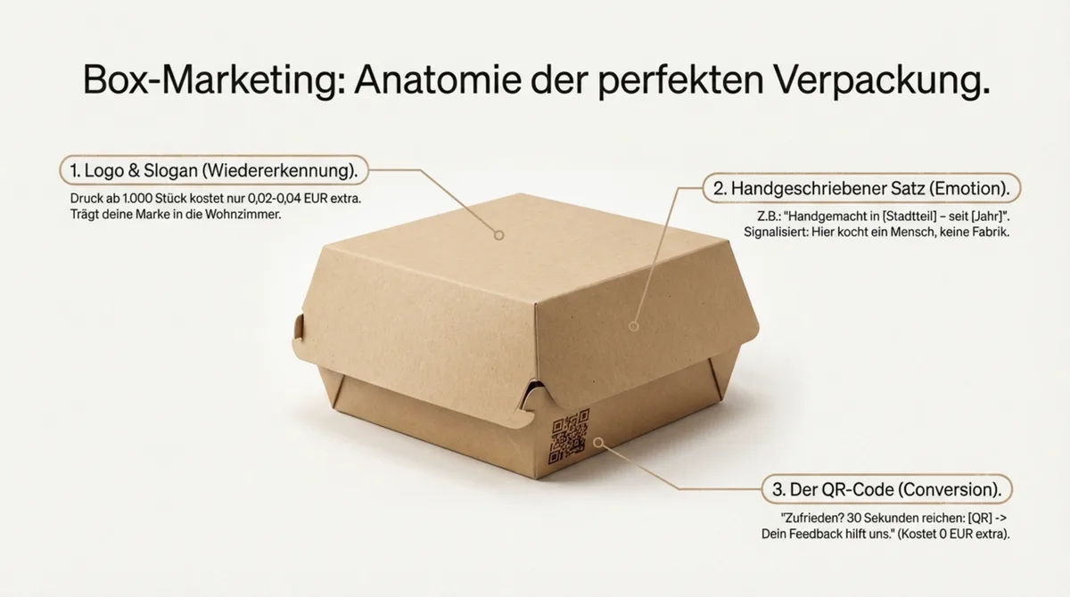 Anatomie Box-Marketing nachhaltige Verpackung Restaurant: Logo, handgeschriebener Satz und QR-Code auf der Verpackung