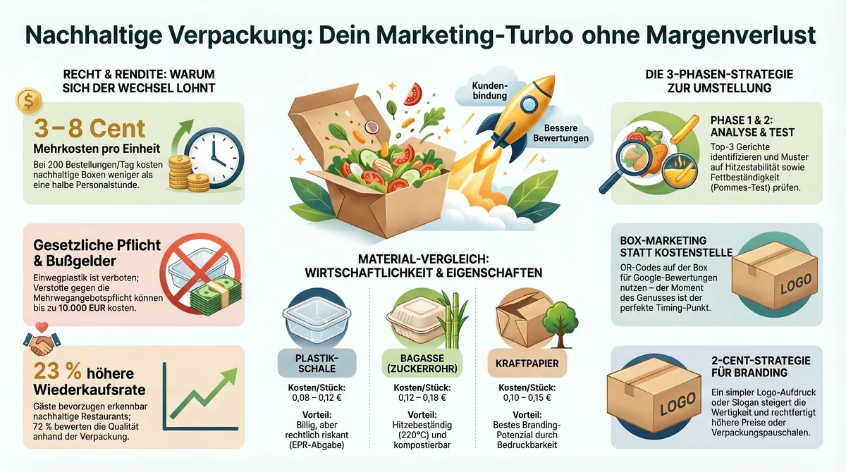 Infografik nachhaltige Verpackung Restaurant: Materialvergleich, Kosten und 3-Phasen-Strategie zur Umstellung