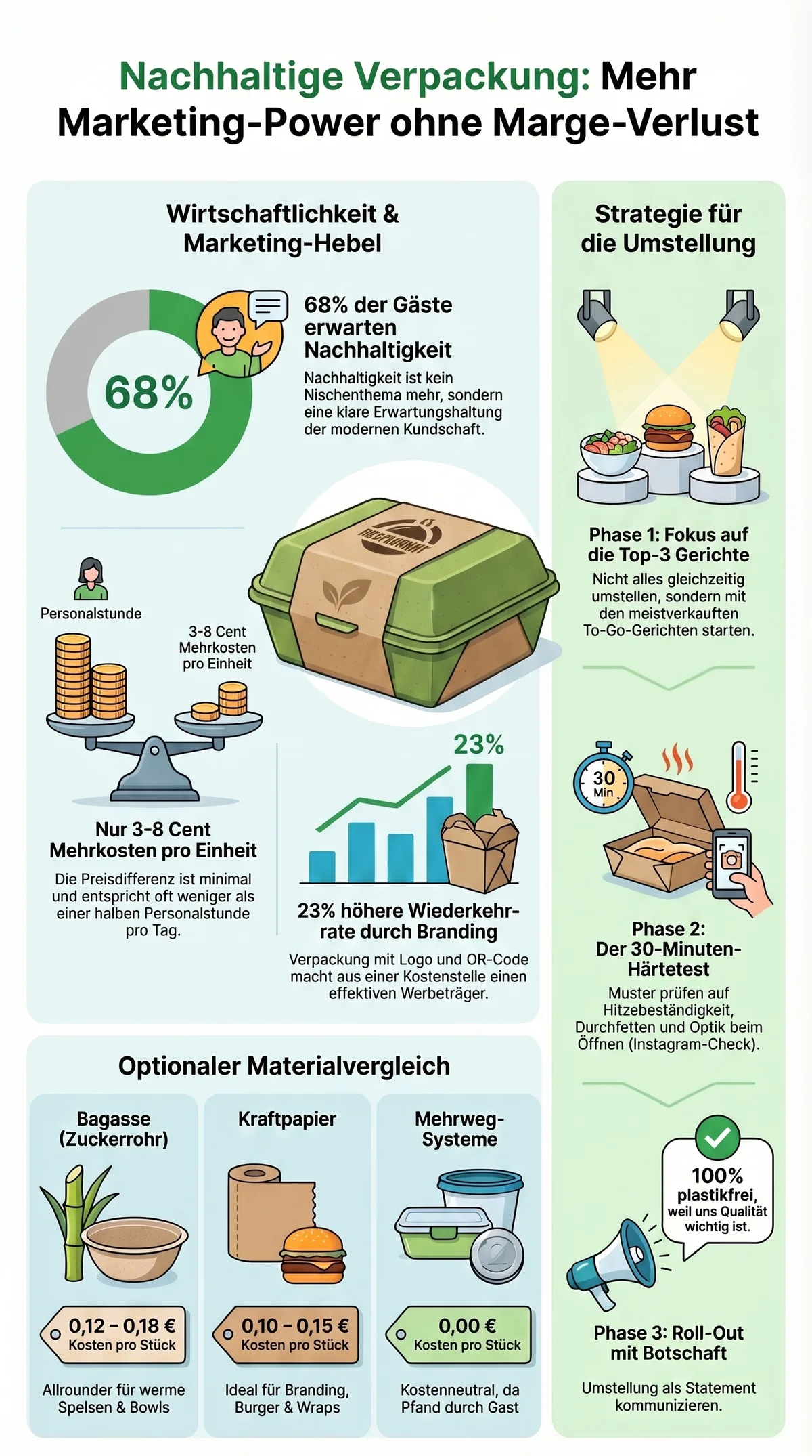 Infografik nachhaltige Verpackung mehr Marketing-Power ohne Marge-Verlust: Materialvergleich, Kosten und 3-Phasen-Strategie