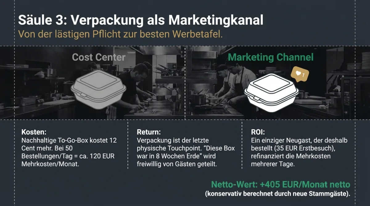 Nachhaltige Verpackung Restaurant: Cost Center vs. Marketing Channel – Netto-Mehrwert +405 EUR pro Monat durch neue Stammgäste