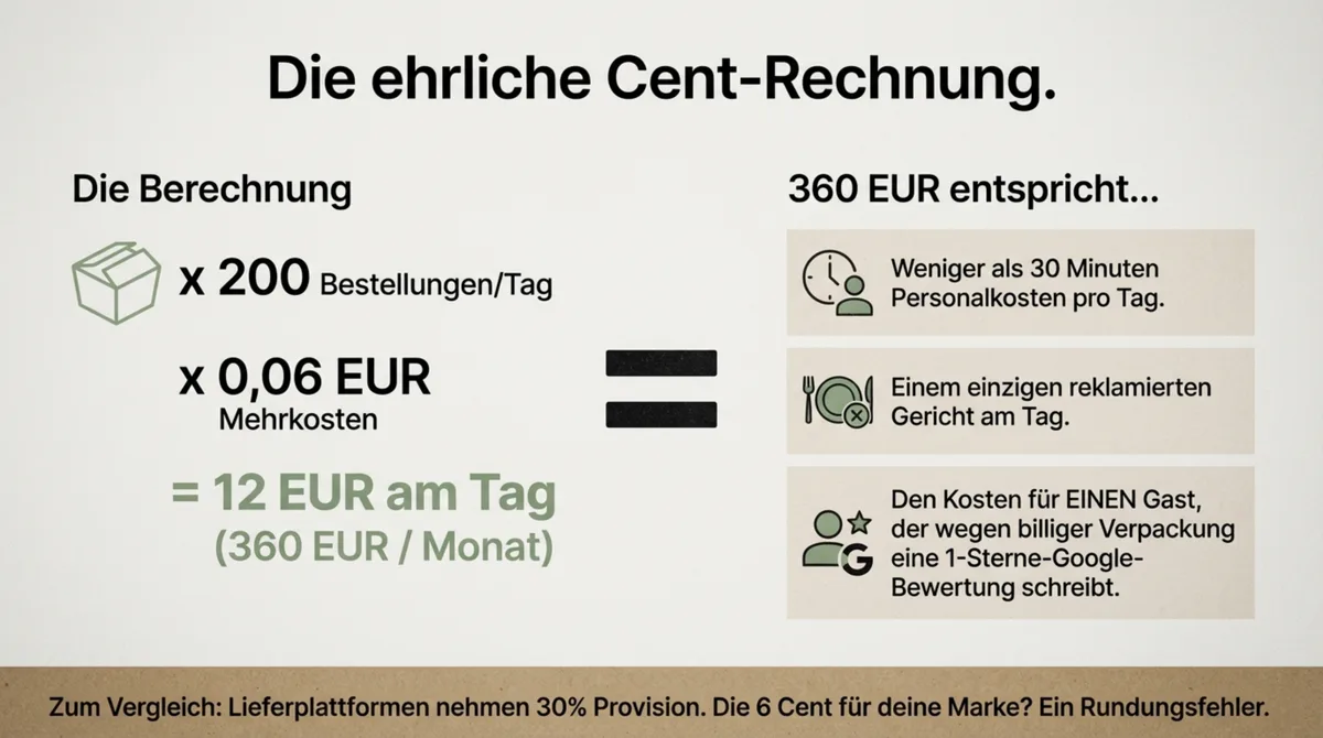 Ehrliche Kostenrechnung nachhaltige Verpackungen Restaurant: 200 Bestellungen × 0,06 EUR = 360 EUR im Monat
