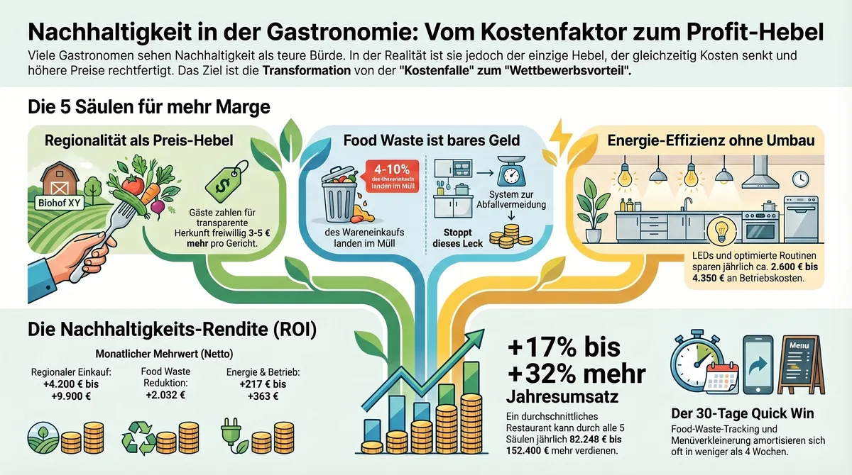 Infografik Nachhaltigkeit Gastronomie: 5 Säulen als Profit-Hebel mit monatlichem Mehrwert und 30-Tage Quick Win Übersicht