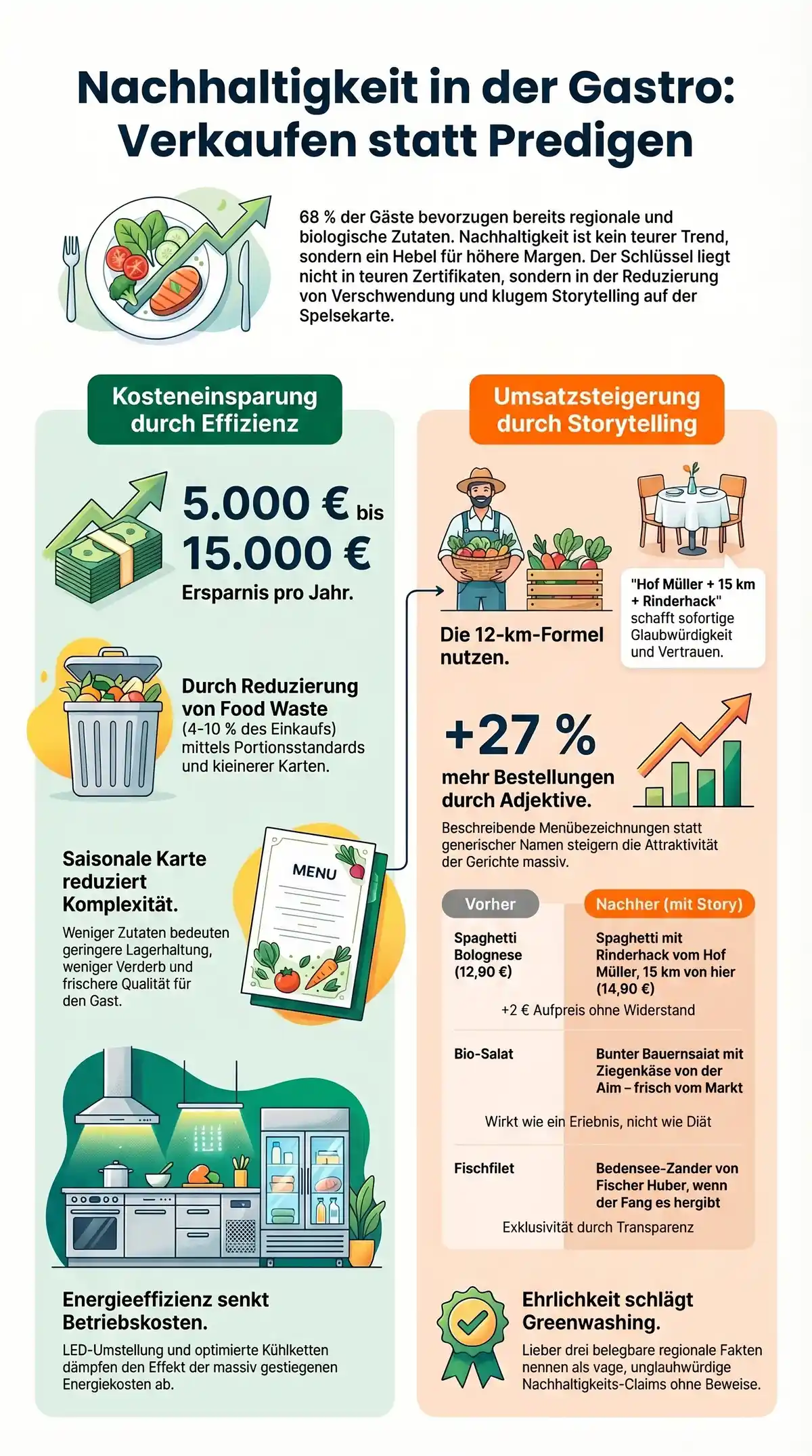 Infografik Nachhaltigkeit Restaurant: Kosteneinsparung durch Effizienz und Umsatzsteigerung durch Storytelling – die 12-km-Formel
