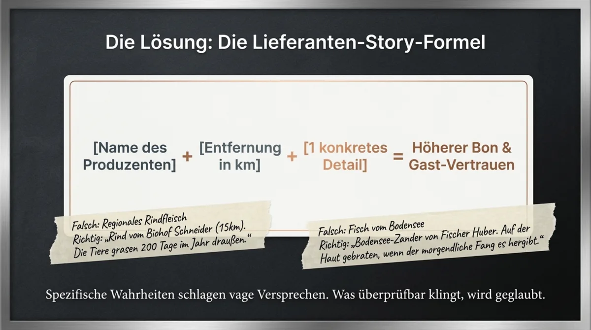 Die Lieferanten-Story-Formel für Restaurants: Produzenten-Name plus Entfernung plus Detail ergibt höheren Bon und mehr Gäste-Vertrauen