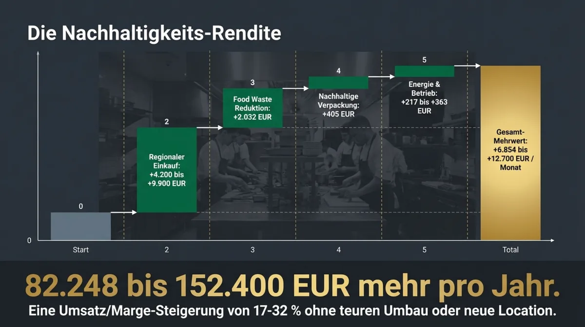 Nachhaltigkeits-Rendite Restaurant Wasserfalldiagramm: 5 Säulen bringen zusammen 82.248 bis 152.400 EUR mehr pro Jahr
