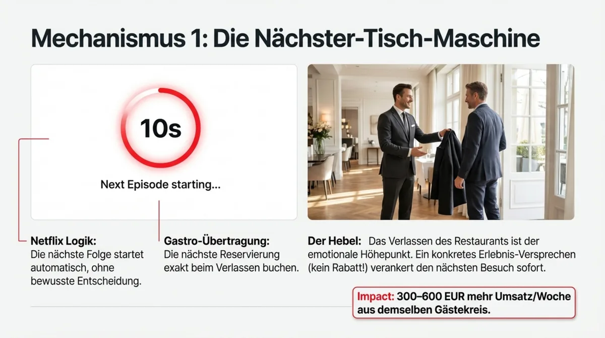 Mechanismus 1: Die Nächster-Tisch-Maschine – Netflix Autoplay-Prinzip auf Restaurants übertragen