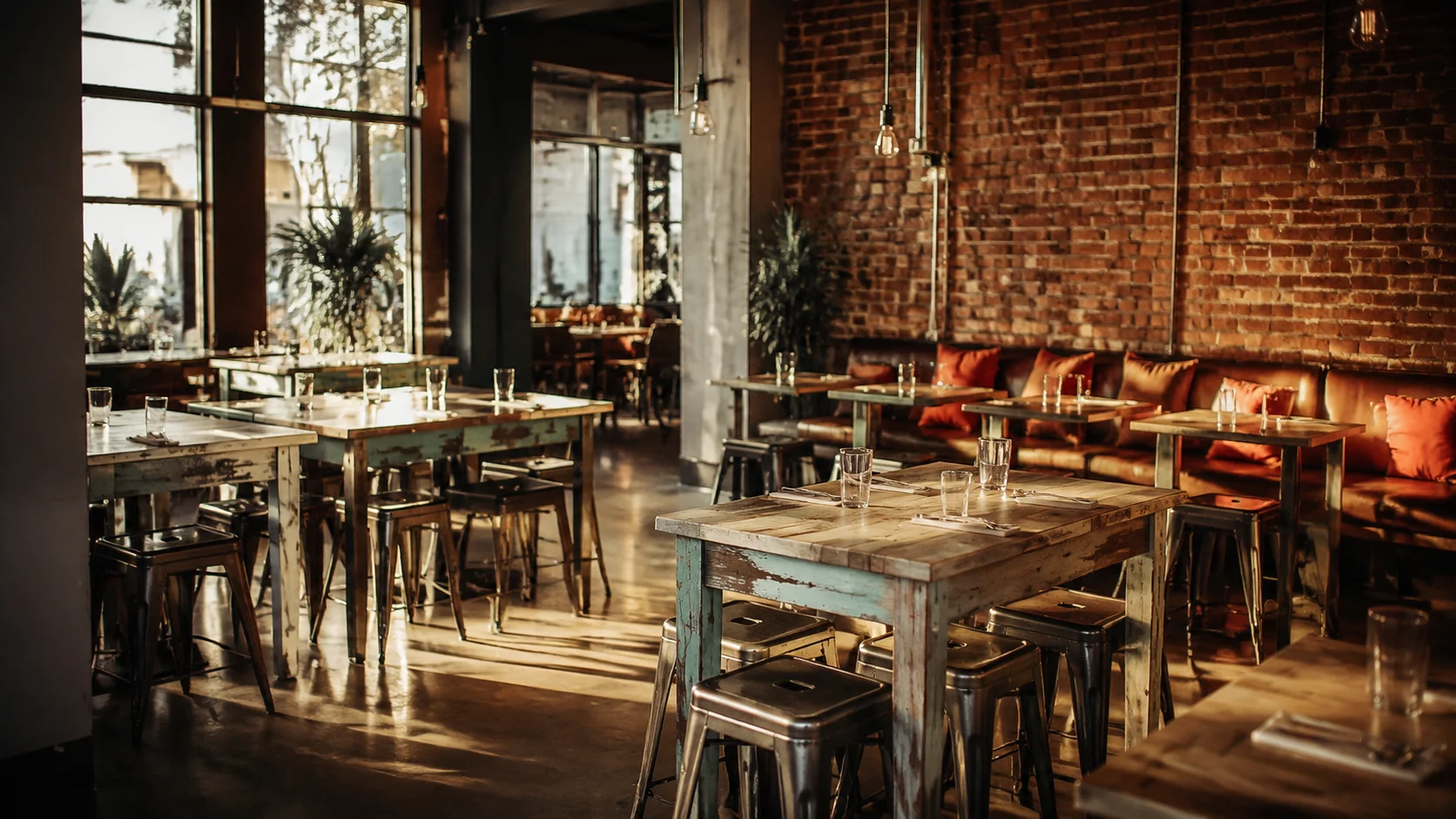 Modern-casual Restaurant-Innenansicht mit Backsteinwand, Holztischen, Metall-Hockern und hängenden Filament-Glühbirnen in orange-roten Akzenten