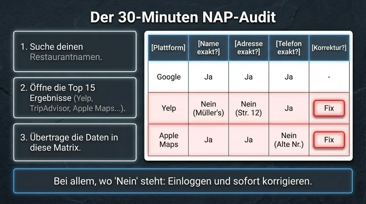 NAP-Audit Restaurant in 30 Minuten: Tabelle zur Prüfung von Name, Adresse und Telefon auf Google, Yelp und Apple Maps