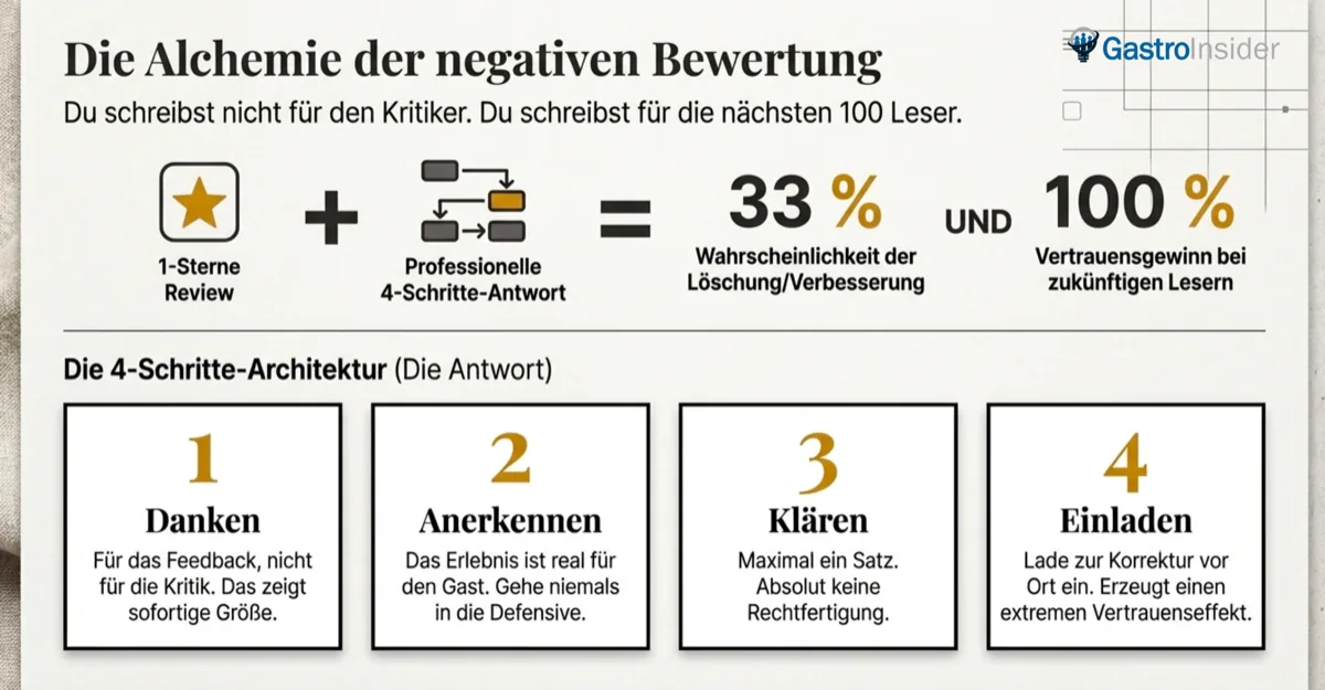Vorlage für die Antwort auf negative Restaurant-Bewertungen: Danken, Anerkennen, Klären, Einladen