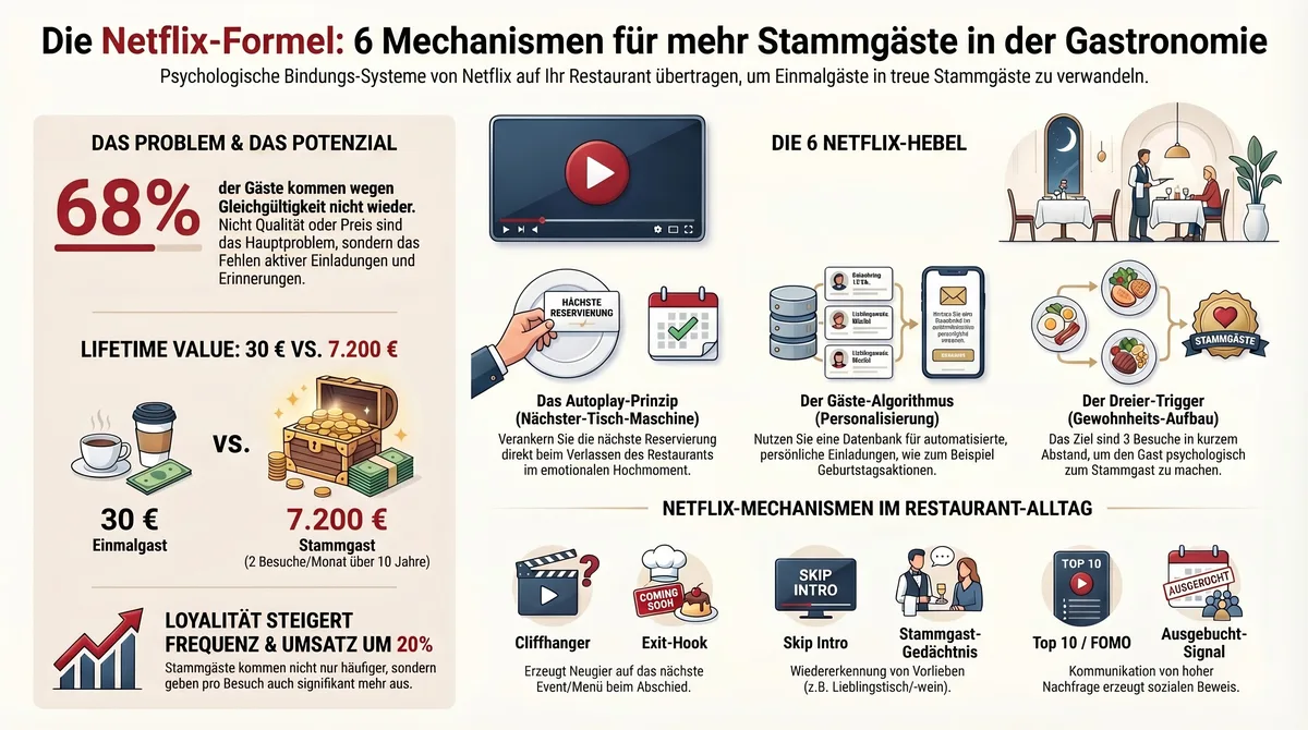Infografik: Vom Streaming zum Stammlokal – Die Netflix-Strategie für Restaurants mit 3 Kernmechanismen