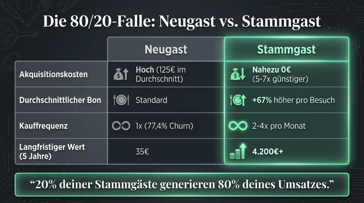 Neugast vs. Stammgast Vergleich: Akquisitionskosten 125€ vs. nahezu 0€, Kauffrequenz 1x vs. 2-4x pro Monat, Langfristwert 35€ vs. 4.200€