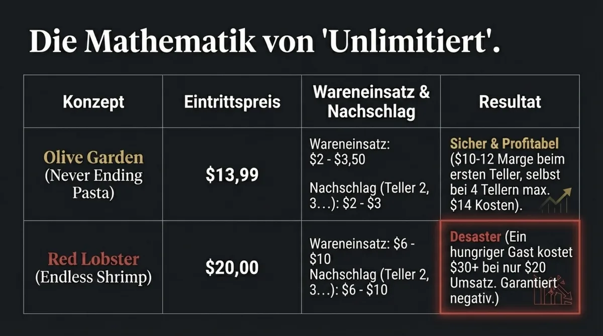 Die Mathematik von Unlimited-Angeboten: Never Ending Pasta Bowl Olive Garden versus Endless Shrimp Red Lobster – Kostenvergleich und Profitabilität