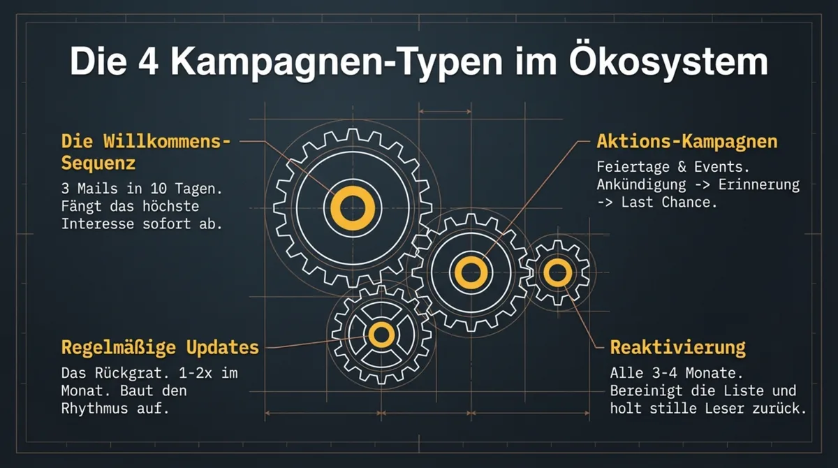 Die 4 Kampagnen-Typen im Newsletter-Ökosystem: Willkommens-Sequenz, Regelmäßige Updates, Aktions-Kampagnen, Reaktivierung