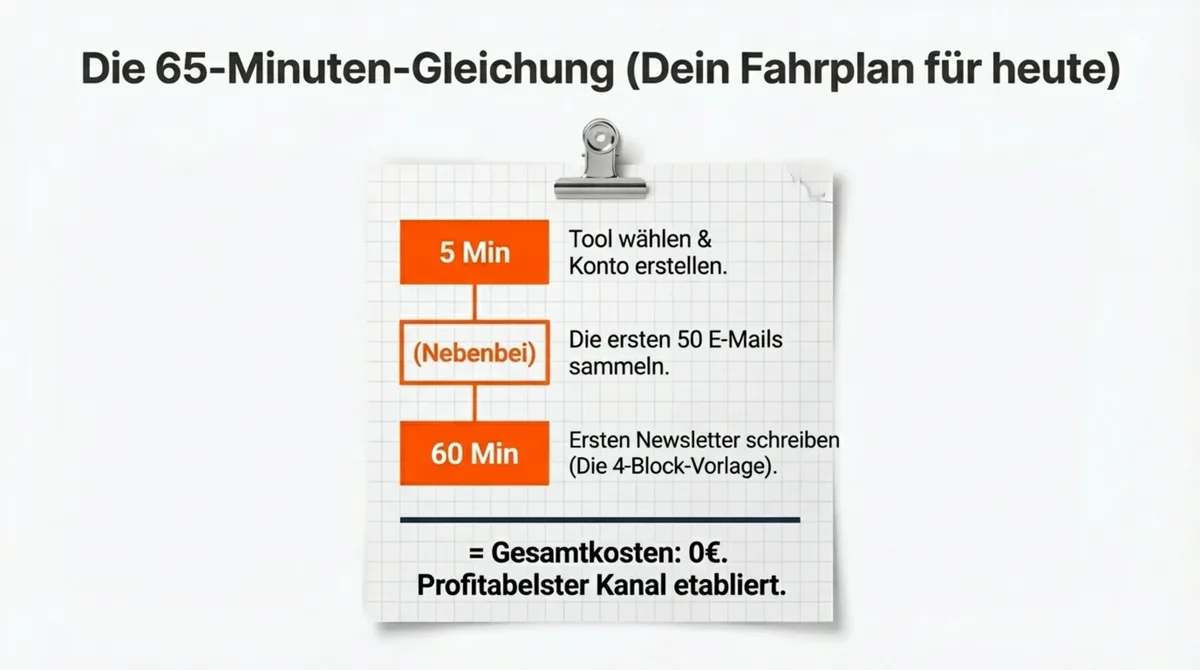 Die 65-Minuten-Gleichung: 5 Minuten Tool wählen, nebenbei 50 E-Mails sammeln, 60 Minuten ersten Newsletter schreiben — Gesamtkosten 0 Euro