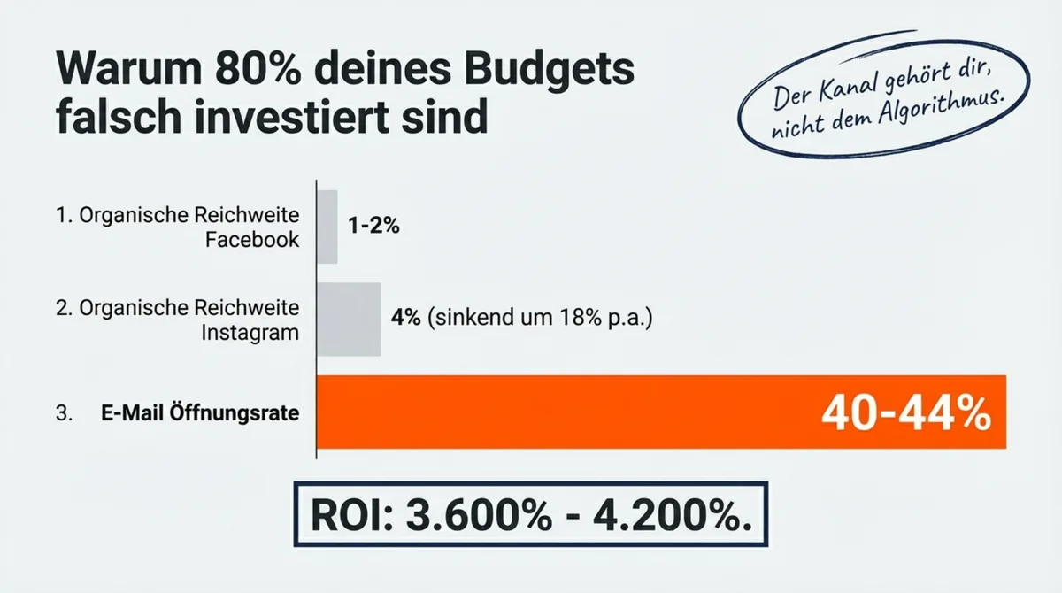 Warum 80 Prozent des Budgets falsch investiert sind: Facebook 1-2 Prozent Reichweite, Instagram 4 Prozent — E-Mail 40-44 Prozent Öffnungsrate, ROI 3.600-4.200 Prozent