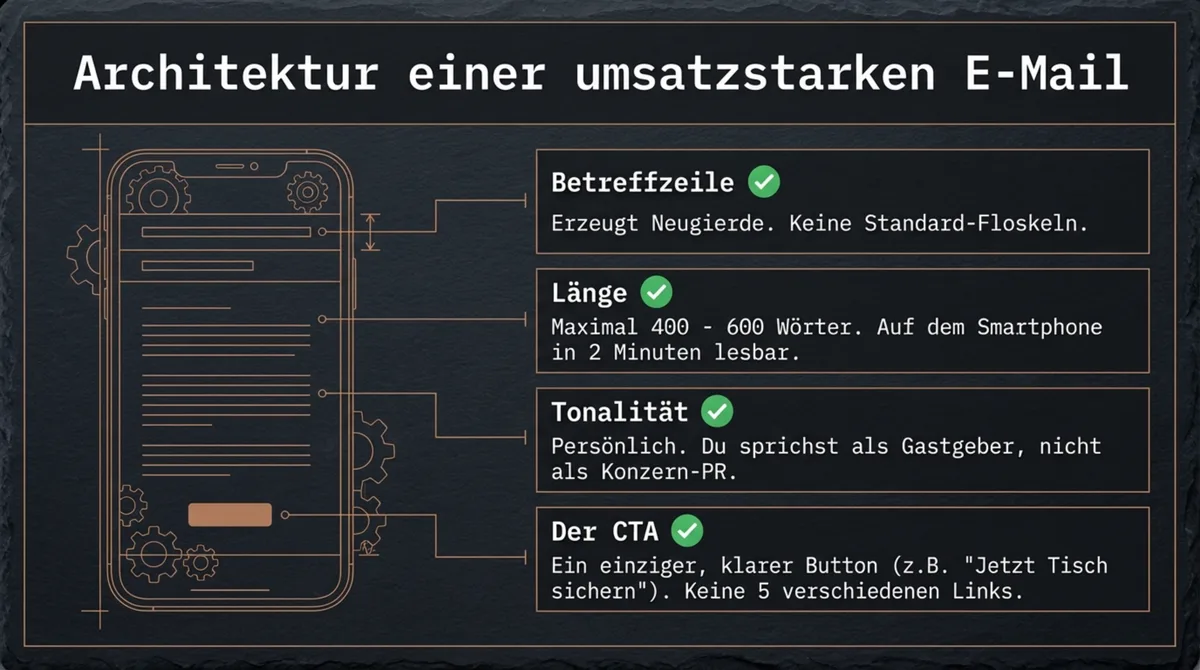 Architektur einer umsatzstarken E-Mail: Betreffzeile, Länge 400-600 Wörter, persönliche Tonalität, ein klarer CTA