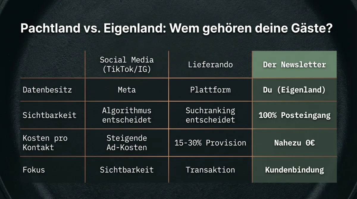 Pachtland vs. Eigenland: Newsletter vs. Social Media und Lieferando – Datenbesitz, Sichtbarkeit, Kosten im Vergleich
