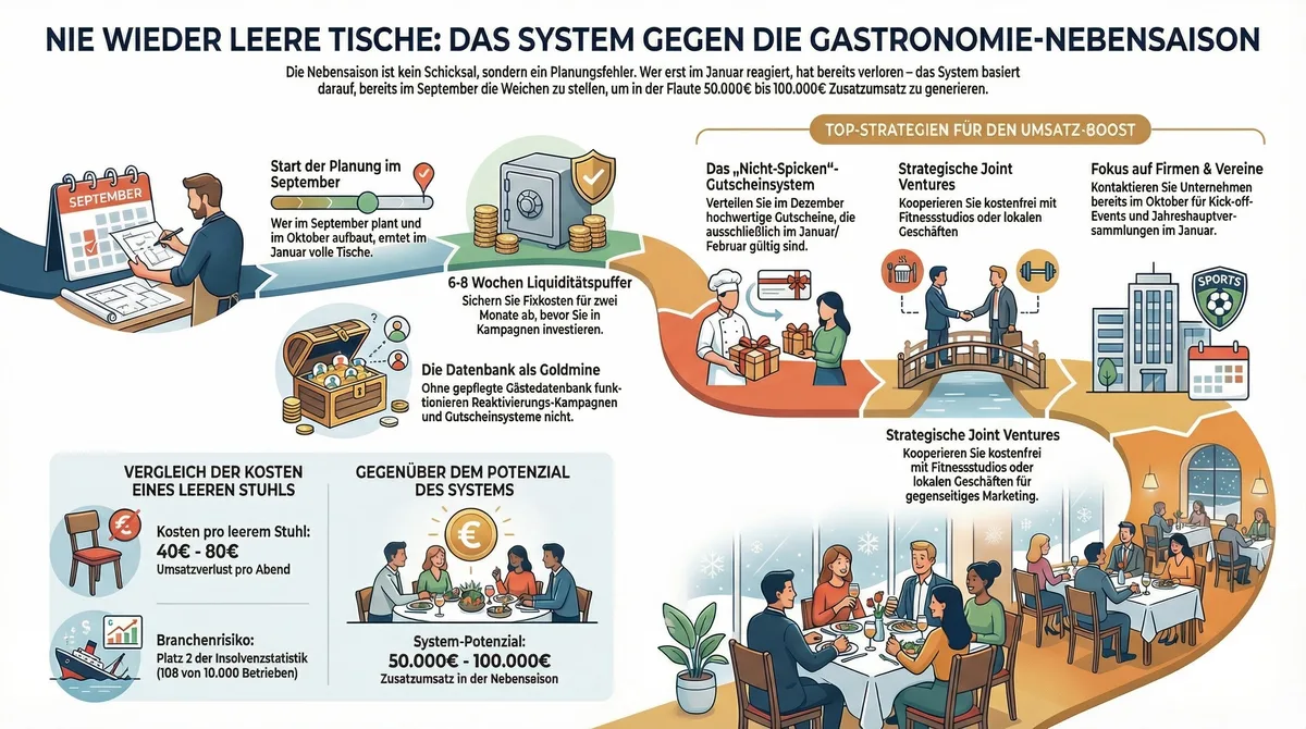Infografik: Nie wieder leere Tische – Das System gegen die Gastronomie-Nebensaison mit Zielgruppen, Kampagnen und Umsatzpotenzial
