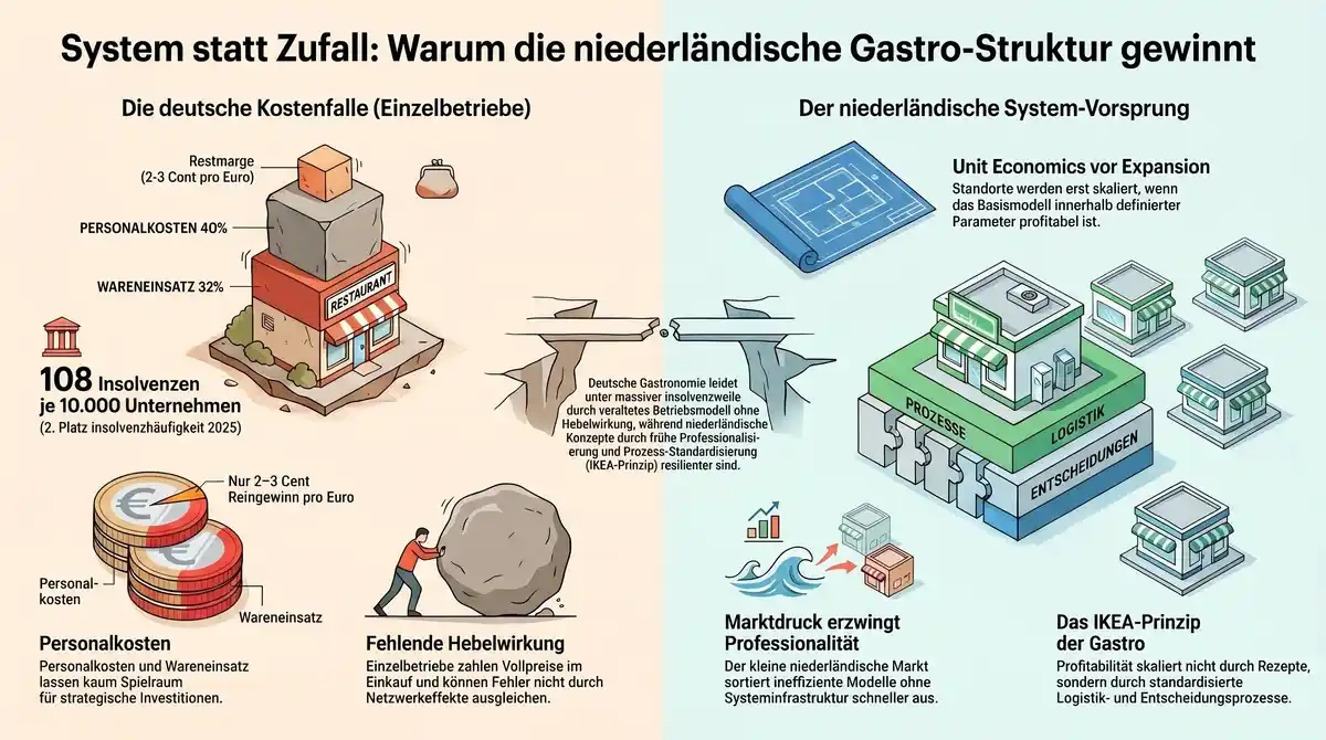 System statt Zufall: struktureller Vergleich deutsche Kostenfalle vs. niederländischer System-Vorsprung in der Gastronomie