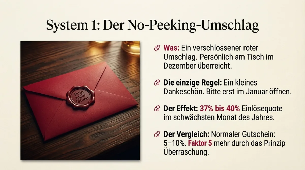 Überraschungs-Umschlag Restaurant System 1: verschlossener roter Umschlag persönlich übergeben – 37 bis 40 Prozent Einlösequote