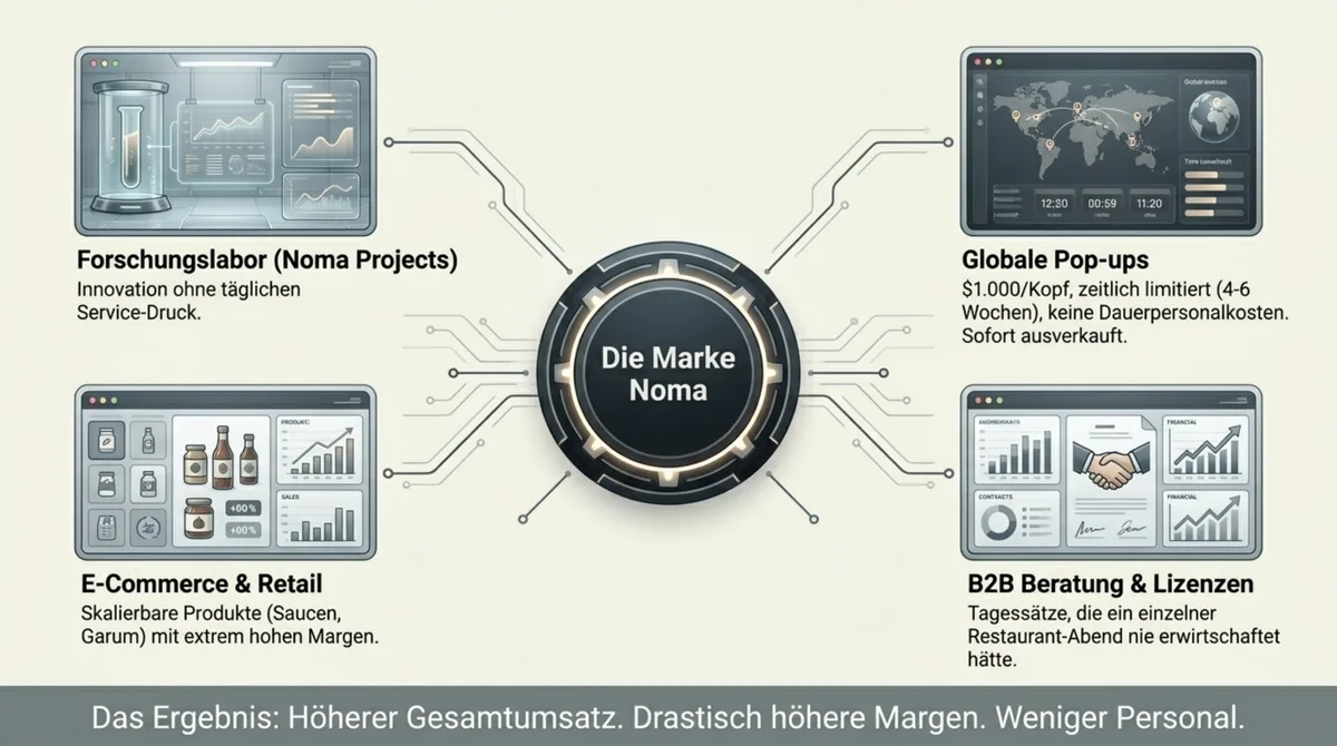 Noma 3.0 Geschäftsmodell: vier Säulen – Forschungslabor, globale Pop-ups, E-Commerce Retail und B2B Beratung