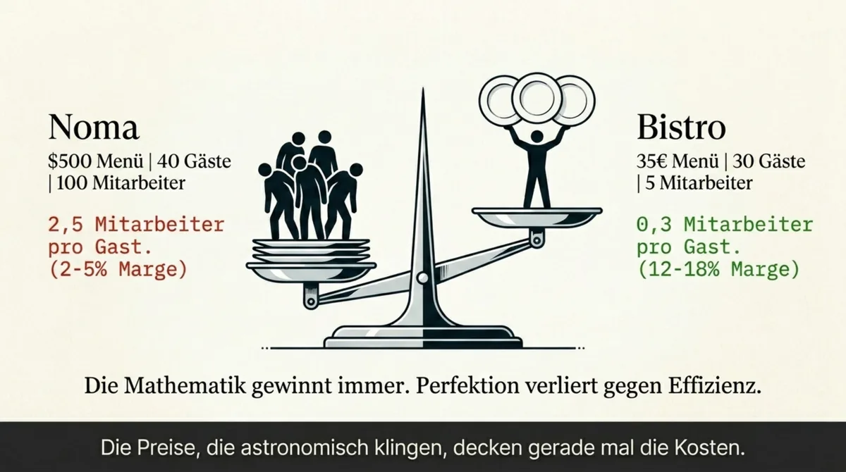 Noma vs. Bistro Vergleich: 2,5 Mitarbeiter pro Gast und 2-5 Prozent Marge vs. 0,3 Mitarbeiter und 12-18 Prozent Marge