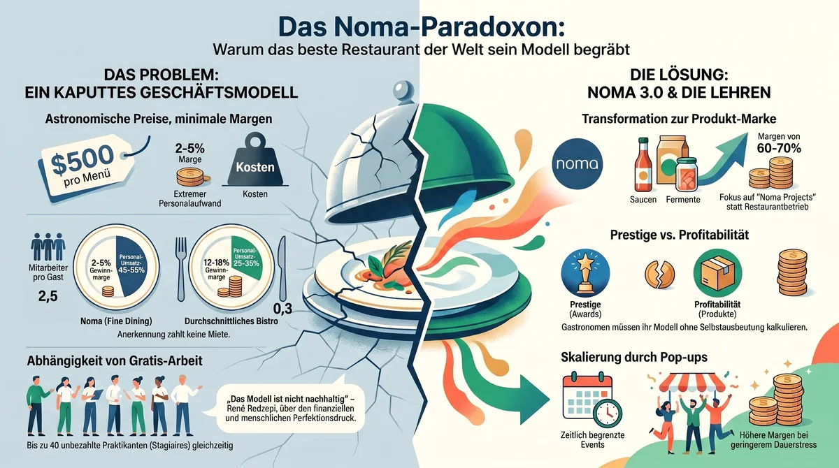 Das Noma-Paradoxon Infografik: kaputtes Fine-Dining-Geschäftsmodell vs. Noma 3.0 Lösung mit Retail-Produkten und Pop-ups