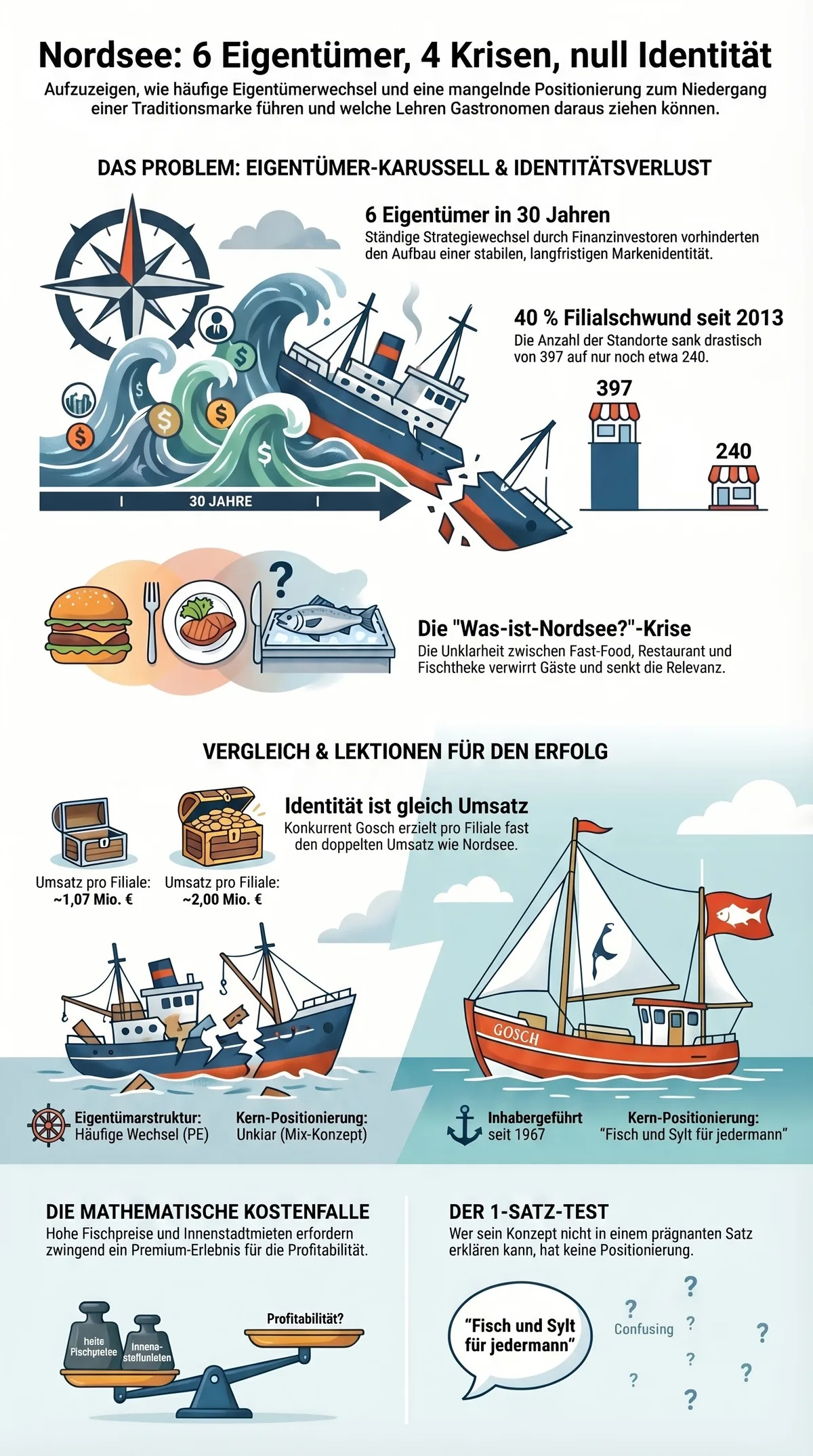 Nordsee Autopsy Infografik: 6 Eigentümer, 40% Filialschwund, Gosch-Vergleich und Identitätskrise