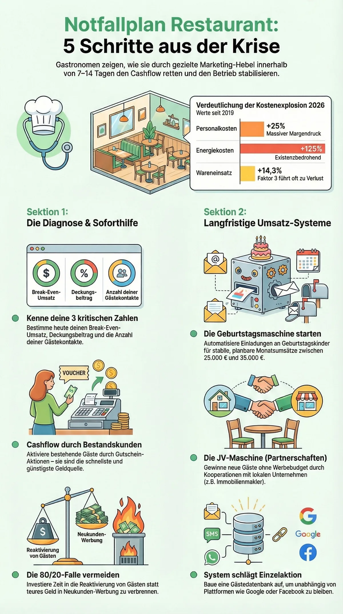 Notfallplan Restaurant Infografik: 5 Schritte aus der Krise mit Kostenentwicklung 2026