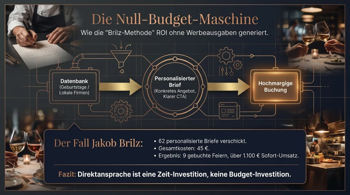 Die Null-Budget-Maschine: ein Gastwirt in Mitteldeutschland verschickte 62 personalisierte Briefe für 45 Euro — Ergebnis: 9 gebuchte Feiern und über 1.100 Euro Sofort-Umsatz