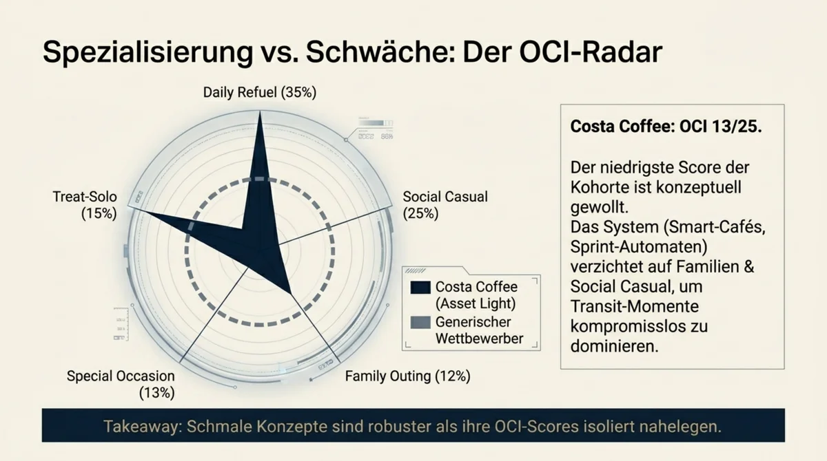 OCI-Radar Costa Coffee versus generischer Wettbewerber: Konzentrierte Stärke in Daily Refuel 35 Prozent und Treat-Solo 15 Prozent, bewusster Verzicht auf Family Outing und Social Casual