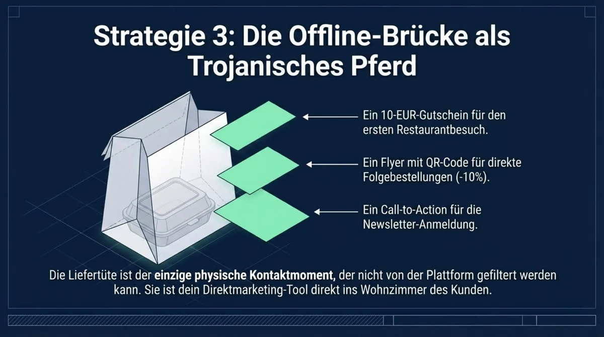 Die Offline-Brücke: Liefertüte mit Gutschein, QR-Code und Newsletter-Anmeldung – direkter Kundenkontakt ohne Plattform-Filter